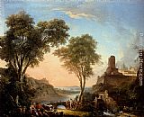 Figures Resting On The Banks Of A River, A Bridge In The Distance by Nicolas-Jacques Juliard